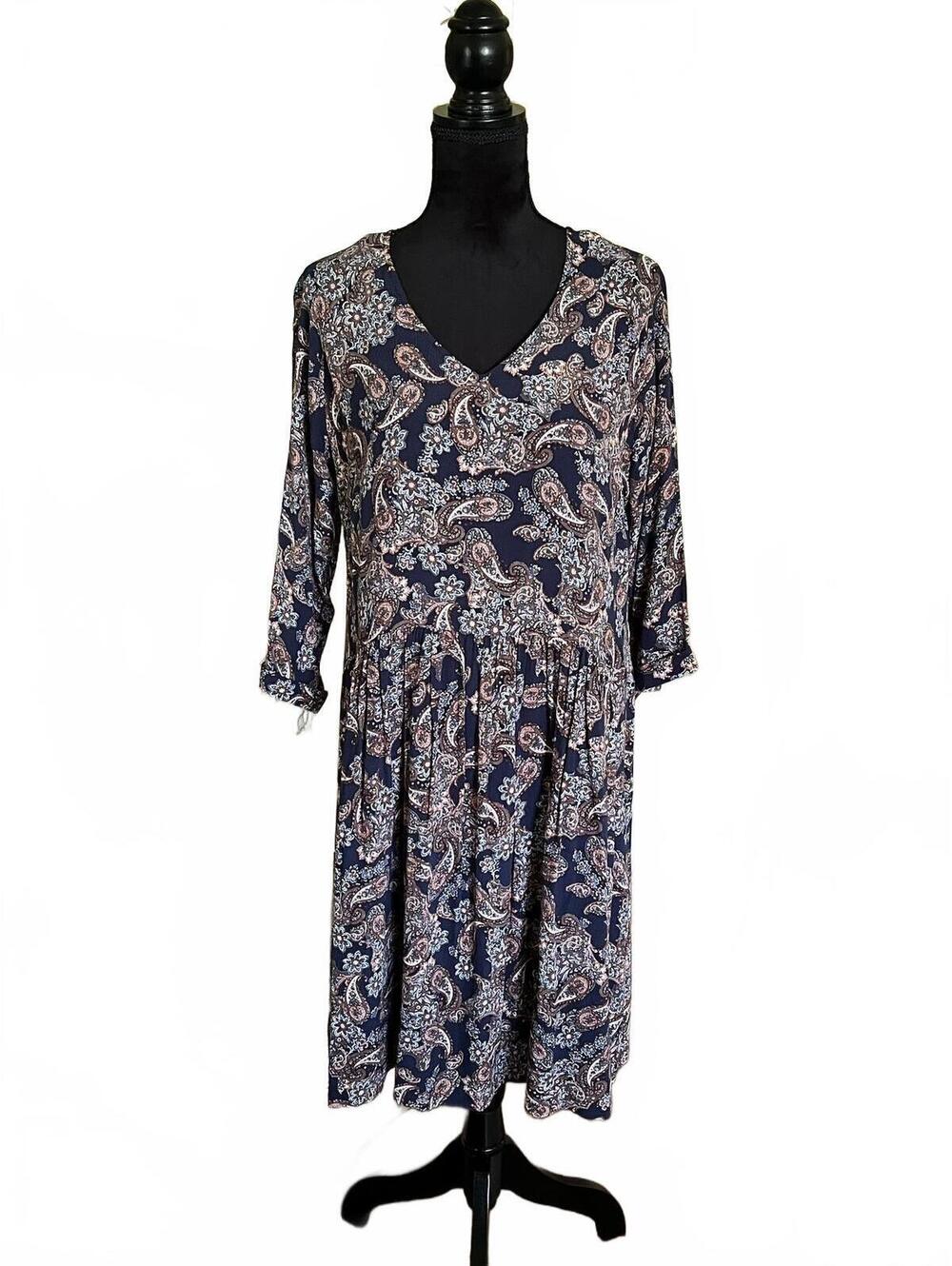 Garnet Hill Women's Paisley Print Midi Dress with V-Neck and 3/4 Sleeves